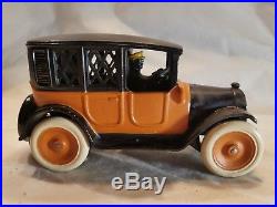 Beautiful 1920's ARCADE YELLOW CAB CAST IRON TOY TAXI Bank w ORIGINAL DRIVER