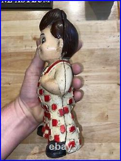 Big Boy Cast Iron Piggy Bank Toy Checkered Suspenders Solid Metal Patina Paint