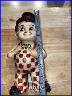 Big Boy Cast Iron Piggy Bank Toy Checkered Suspenders Solid Metal Patina Paint