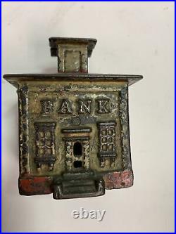 CAST IRON BANK 4-1/4 H Still Coin BANK BUILDING + Cupola ANTIQUE / Vintage