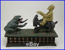 CAST IRON MECHANICAL BANK MAN ON GOAT FEEDS FROG COINS SHIPS FREE