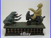 CAST IRON MECHANICAL BANK MAN ON GOAT FEEDS FROG COINS SHIPS FREE