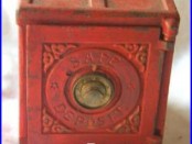 CAST IRON SAFE DEPOSIT COIN BANK old red paint Henry C. Hart Mfg. Detoroit