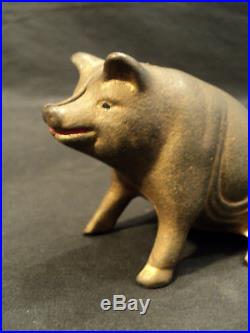 CUTE ANTIQUE CAST IRON PIG STILL FIGURAL BANK, c. 1900