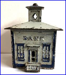 C. 1875 J. & E. Stevens Medium Cupola Cast Iron Bank- White with Blue & Black Trim