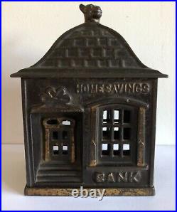 C. 1891 J. & E. Stevens Cast Iron Home Savings Bank (with Dog Finial)- Excellent