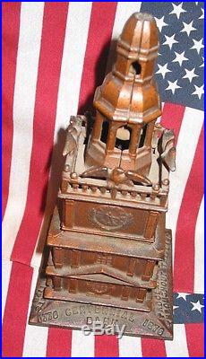 Cast Iron Antique Independence Hall Bank 1875 With EAGLES + Bell MISSING SPIRE