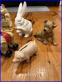 Cast Iron Antique Seven Piece Lot Piggy Banks Pig Bunny Elephant Dog Heavy