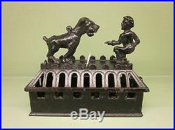 Cast Iron BOY AND BULLDOG NEAR PRISTINE Mechanical Bank Original American Toy