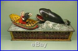 Cast Iron JONAH AND THE WHALE Mechanical Bank Original Antique Americana Toy