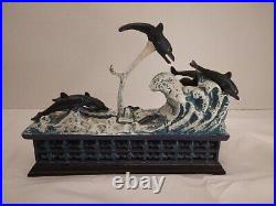 Cast Iron Jumping Dolphin Mechanical Coin Bank Ocean Metal Box