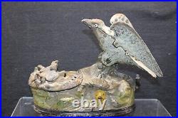 Cast Iron Mechanical Bank J&E Stevens AMERICAN EAGLE & Eaglets PatJan23 1883