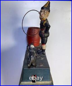 Cast Iron Mechanical Bank Vintage Trick Dog with Clown Solid Base by Hubley 1910s