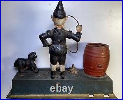 Cast Iron Mechanical Bank Vintage Trick Dog with Clown Solid Base by Hubley 1910s