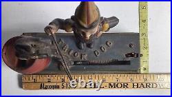 Cast Iron Mechanical Bank Vintage Trick Dog with Clown Solid Base by Hubley 1910s