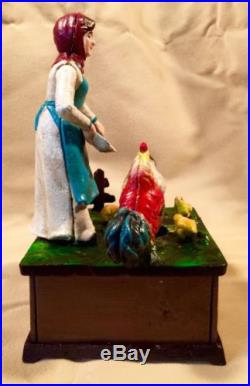 Cast Iron Musical Lady Feeding The Chickens Mechanical Coin Piggy Bank