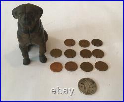 Cast Iron Still Bank Pug St Bernard Dog Sitting With 1929 Quarter & Wheat Pennies