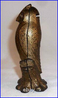 Cast Iron Wise Owl Standing on Tree Stump Still Penny Bank BE WISE SAVE MONEY