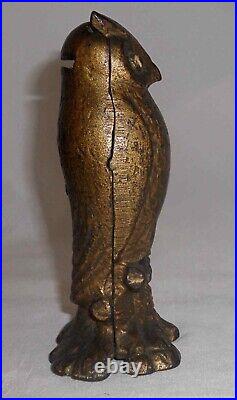 Cast Iron Wise Owl Standing on Tree Stump Still Penny Bank BE WISE SAVE MONEY