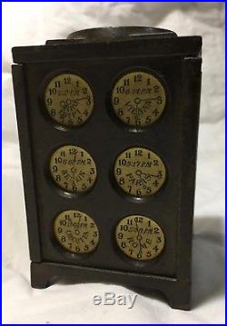 Cast Iron World Time Clock Face Coin Bank Washington Arcade 1915 Metal Antique