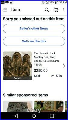 Cast iron still bank Monkey See, Hear, Speak, No Evil Scarce 1800s