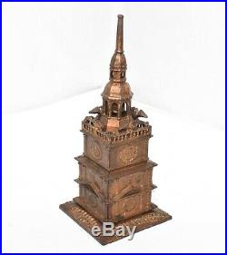 Circa 1876 Cast Iron Independence Tower Coin Bank Enterprise Bell Rings M-1202
