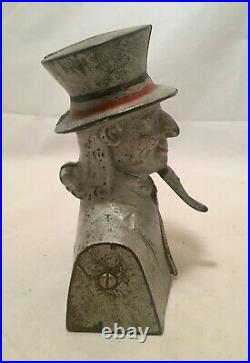 Circa 1900's Antique Cast Iron Penny Bank Uncle Sam Bust With Moving Goatee