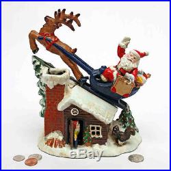 Die Cast Iron Santa's Rooftop Sleigh Ride Antique Replica Mechanical Coin Bank