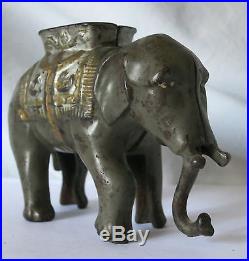 Early 1900s Small Elephant With Howdah Cast Iron Bank Moving Trunk A. C. Williams