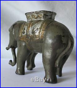 Early 1900s Small Elephant With Howdah Cast Iron Bank Moving Trunk A. C. Williams