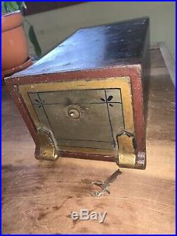 Early Rare & Antique Cast Iron Decorated Safe Bank Money Box With KEY