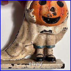 Estate Found Cast Iron Halloween Coin BANK Girl in Ghost Costume with Pumpkin