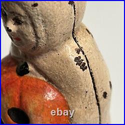 Estate Found Cast Iron Halloween Coin BANK Girl in Ghost Costume with Pumpkin