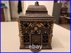 Extremely Nice Old Antique Cast Iron Building Bank Very Intricate Detail -5 1/4