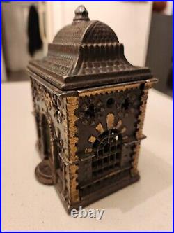 Extremely Nice Old Antique Cast Iron Building Bank Very Intricate Detail -5 1/4