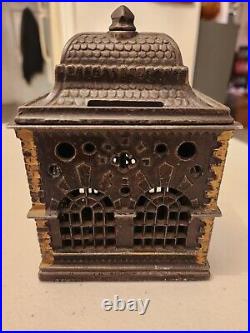 Extremely Nice Old Antique Cast Iron Building Bank Very Intricate Detail -5 1/4