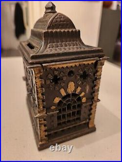 Extremely Nice Old Antique Cast Iron Building Bank Very Intricate Detail -5 1/4
