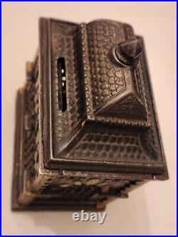 Extremely Nice Old Antique Cast Iron Building Bank Very Intricate Detail -5 1/4