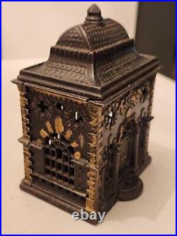 Extremely Nice Old Antique Cast Iron Building Bank Very Intricate Detail -5 1/4