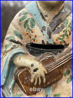 FINE Antique C. 1900 Figural Cast Iron Still Coin Bank Geisha on Pillow Original