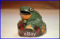 FROG ON ROCK CAST IRON MECHANICAL BANK in WONDERFUL FIRST PAINT NO RESERVE