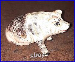 Figural Antique Original Sitting Pig Cast Iron Coin Piggy Bank Cream With Spots