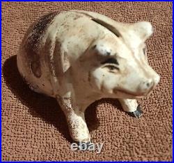 Figural Antique Original Sitting Pig Cast Iron Coin Piggy Bank Cream With Spots