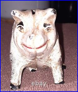 Figural Antique Original Sitting Pig Cast Iron Coin Piggy Bank Cream With Spots