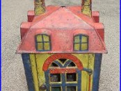 Fine old painted cast iron Stevens mechanical bank building with teller