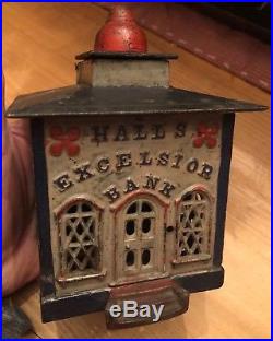 Great old original cast iron Hall's Excelsior Mechanical penny bank Pat. 1869