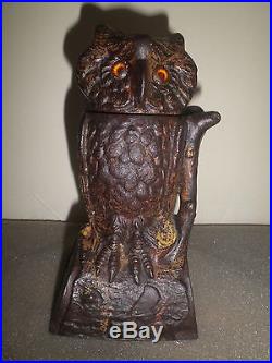 Great old original cast iron Owl Turns Head mechanical penny bank patent 1880