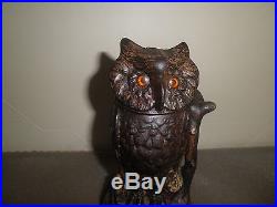 Great old original cast iron Owl Turns Head mechanical penny bank patent 1880