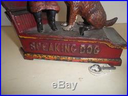 Great old original cast iron Speaking Dog Mechanical penny bank Pat. 1885