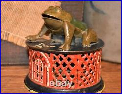Incredible! Cast Iron 1872 Pat J & E Stevens Frog on Red Lattice Mechanical Bank